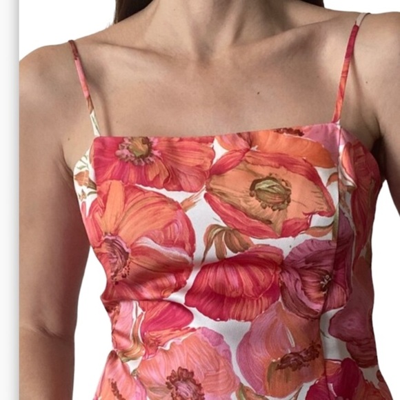 Ann Taylor Poppy Floral Sz 12P Silk Midi Spaghetti Strap Dress - Picture 2 of 9